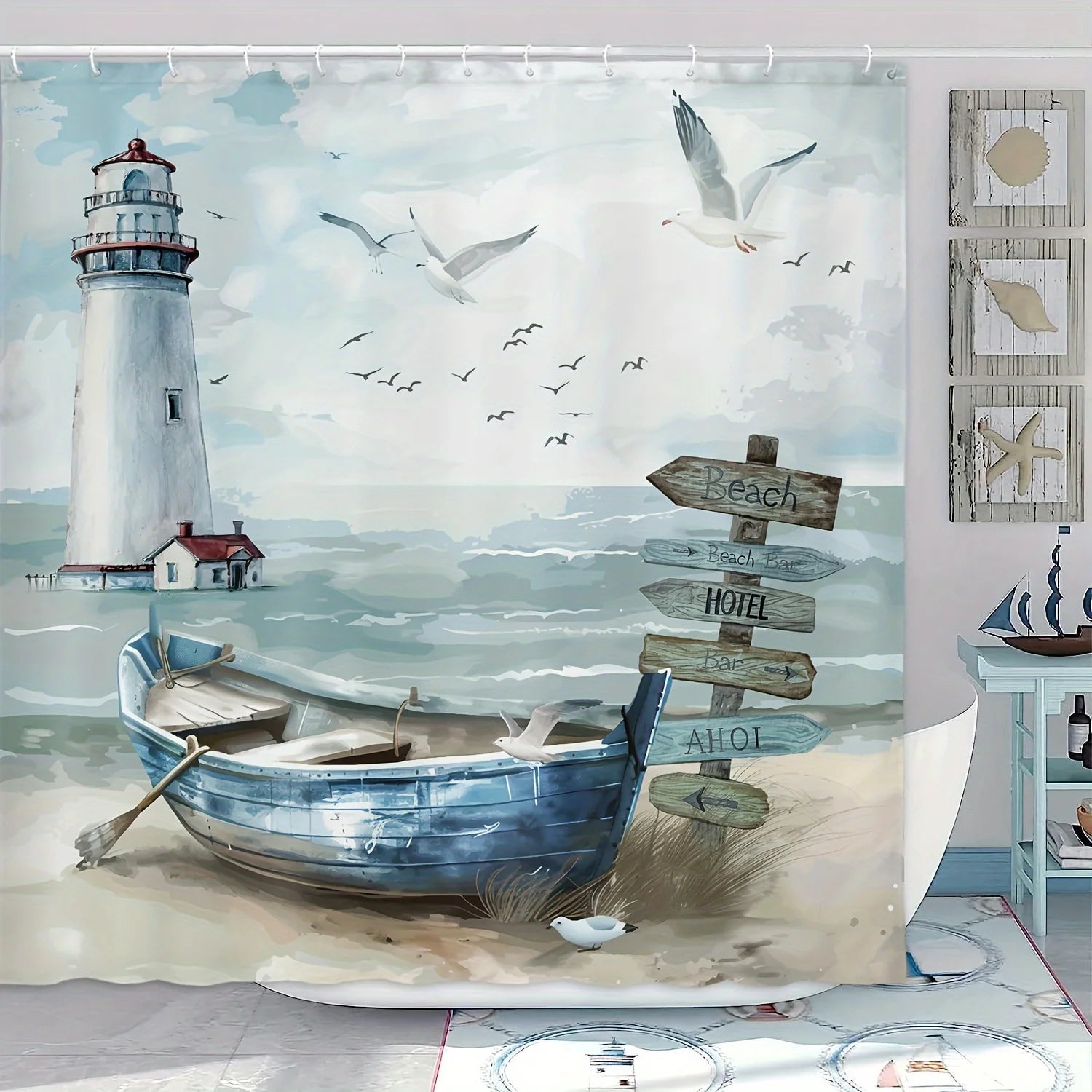 Maritimer Duschvorhang – Leuchtturm & Fischerboot, Blau-Türkis, mit Haken