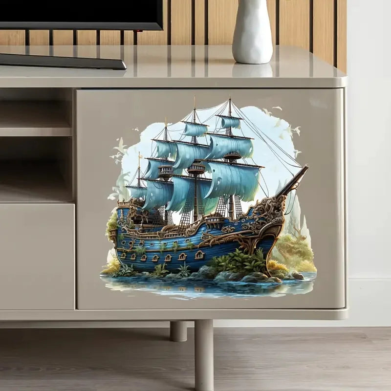 Maritimes Wandtattoo Blaues Segelboot – Vinyl, selbstklebend, 5 Größen