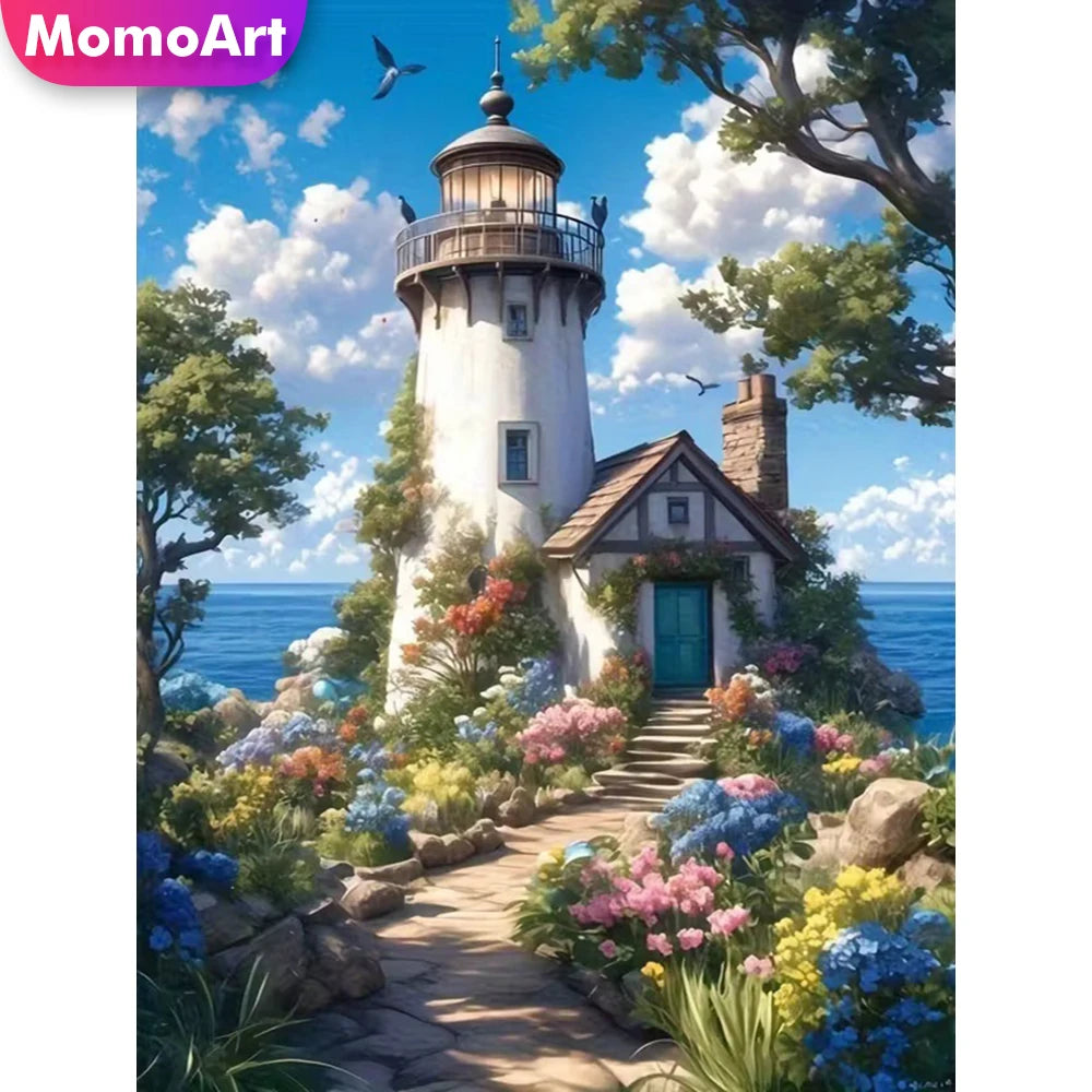 Diamond Painting Leuchtturm-Landschaft – DIY Bastelset, Malen nach Zahlen mit Diamanten