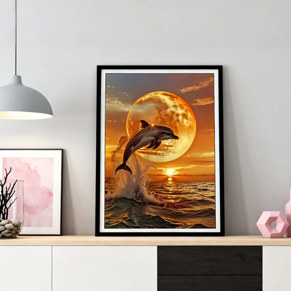 HUACAN Diamond Painting – Delfin am Meer | DIY Mosaik Set mit Rundsteinen oder Vierecksteinen