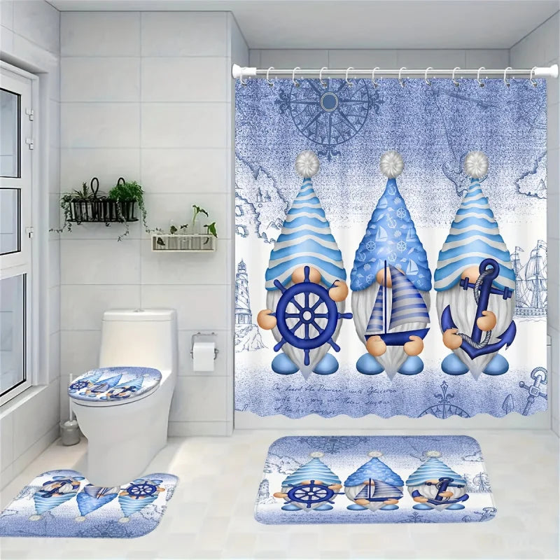 Maritimes Badezimmer-Set 4-teilig – Duschvorhang, Badematte, WC-Deckelbezug und Vorleger
