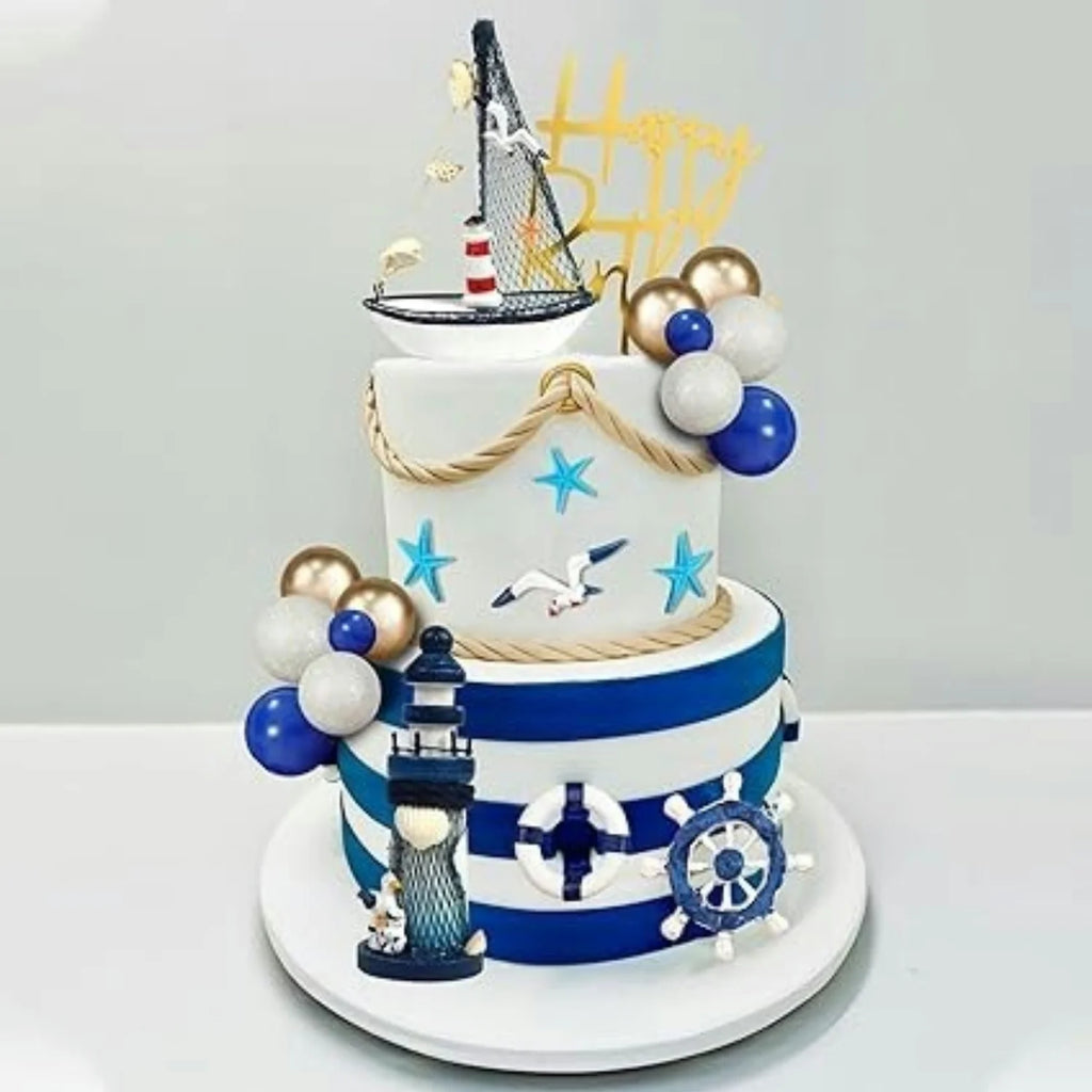 Maritime Kuchentopper 24-teilig – Blau-Weiß, Anker, Schiff, Leuchtturm, Geburtstag