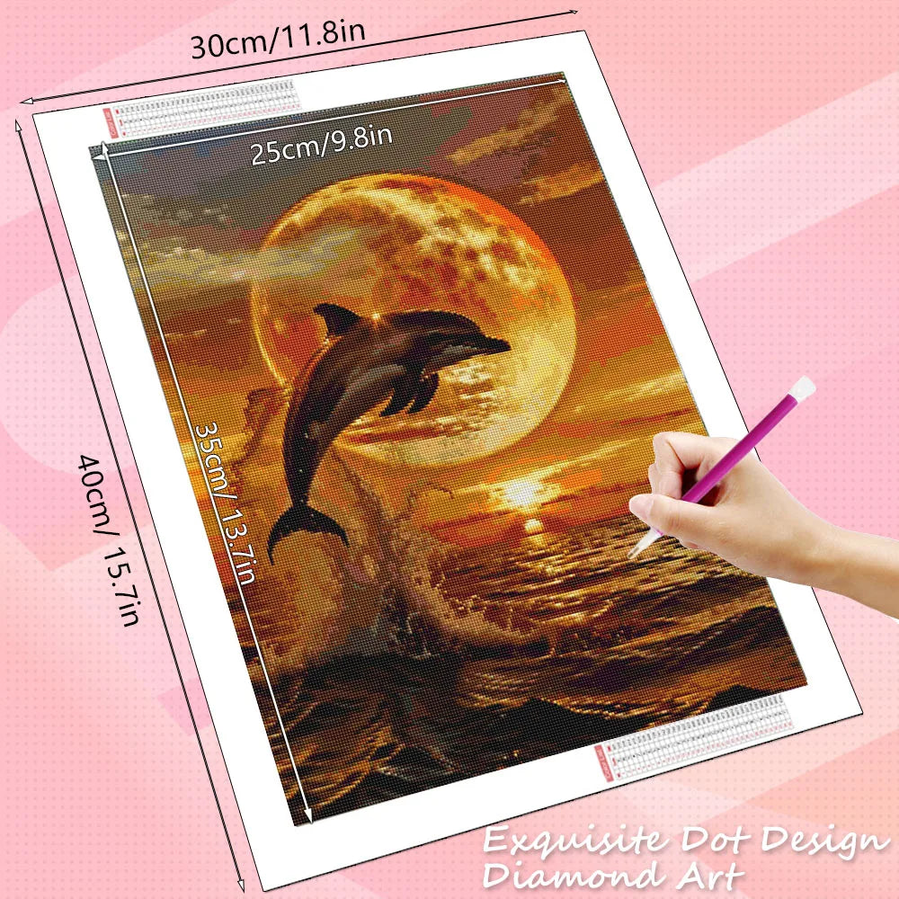 HUACAN Diamond Painting – Delfin am Meer | DIY Mosaik Set mit Rundsteinen oder Vierecksteinen