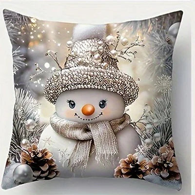 Weihnachts-Kissenbezug – Santa & Schneemann | Dekorativer Kissenbezug für Sofa, Schlafzimmer