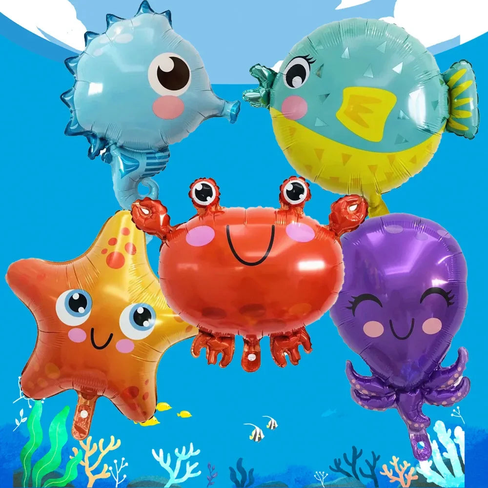 Meerestier-Folienballons 5er-Set – Fisch, Oktopus und Seepferdchen