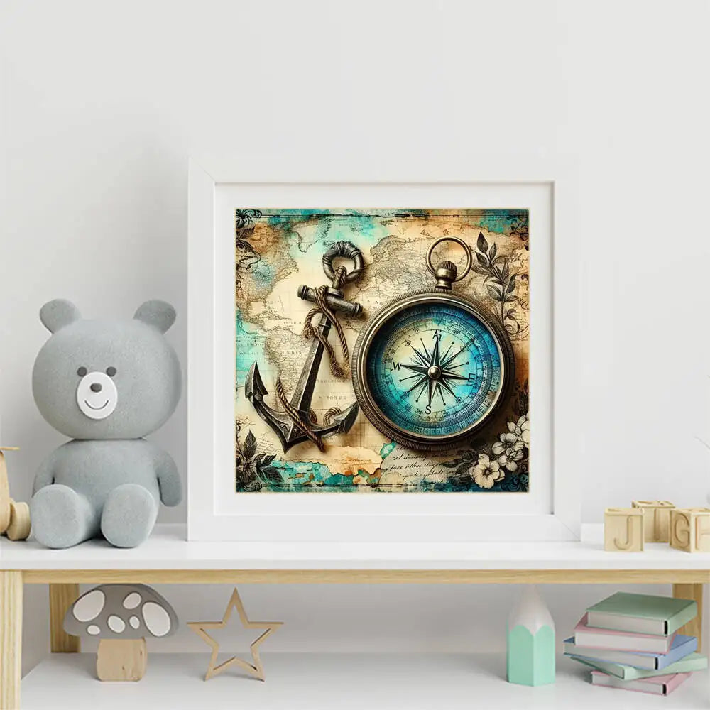Diamond Painting Kompass – 5D Diamant Mosaikbild mit Rund- und Viereckbohrer