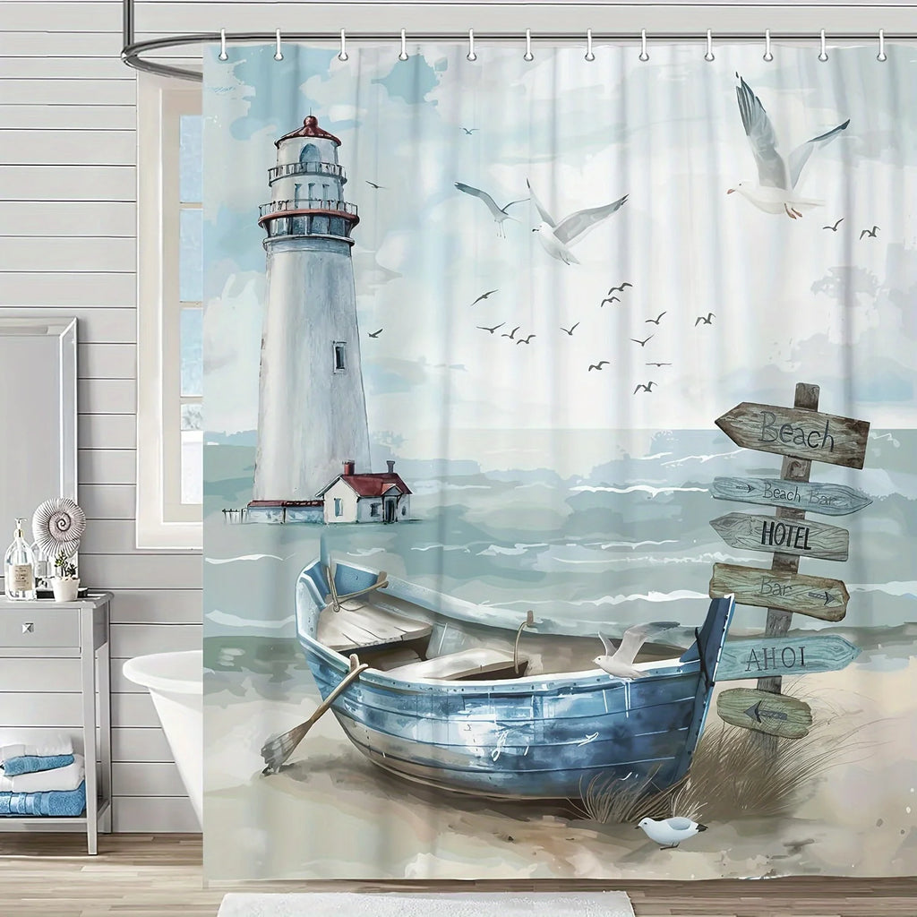 Maritimer Duschvorhang – Leuchtturm & Fischerboot, Blau-Türkis, mit Haken