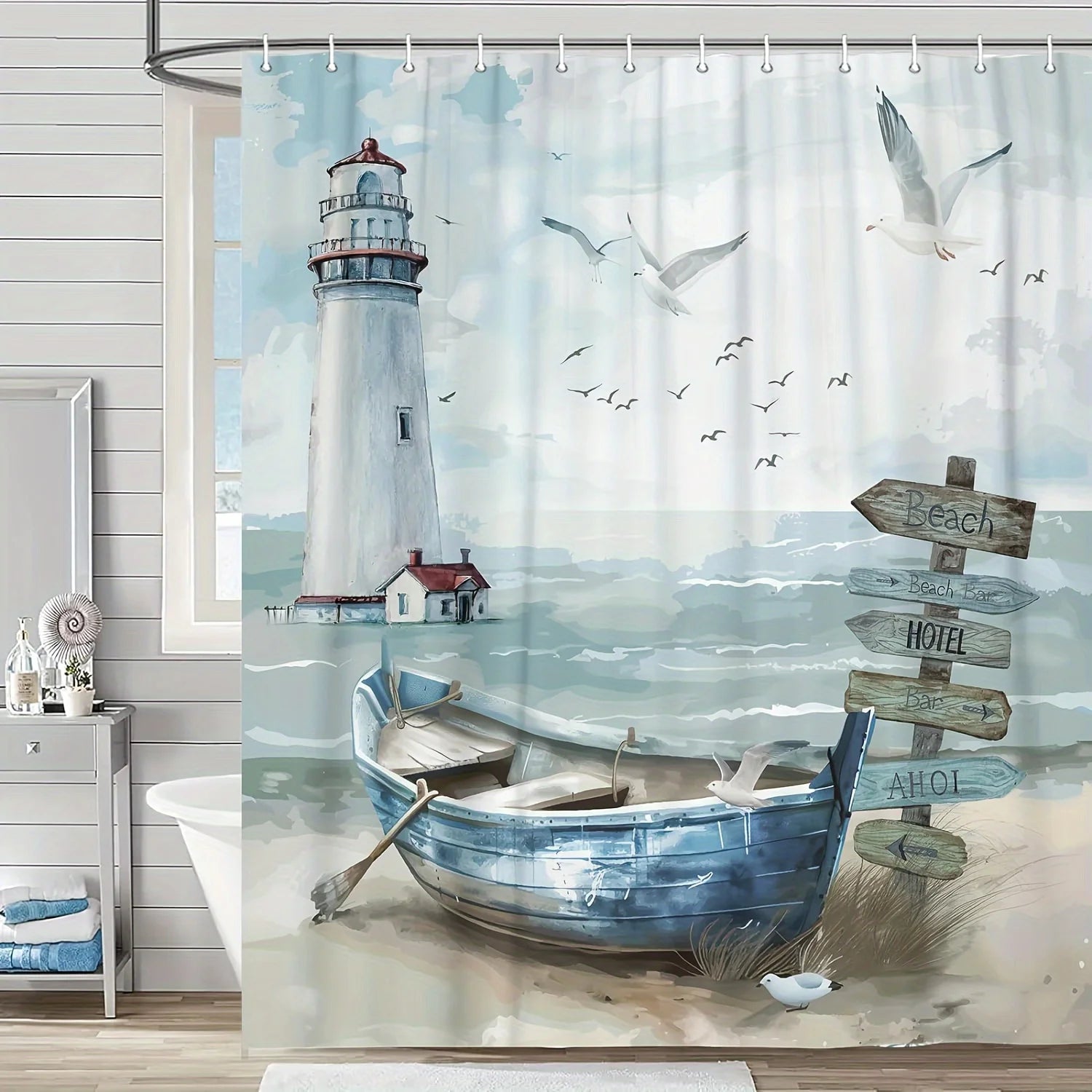 Maritimer Duschvorhang – Leuchtturm & Fischerboot, Blau-Türkis, mit Haken