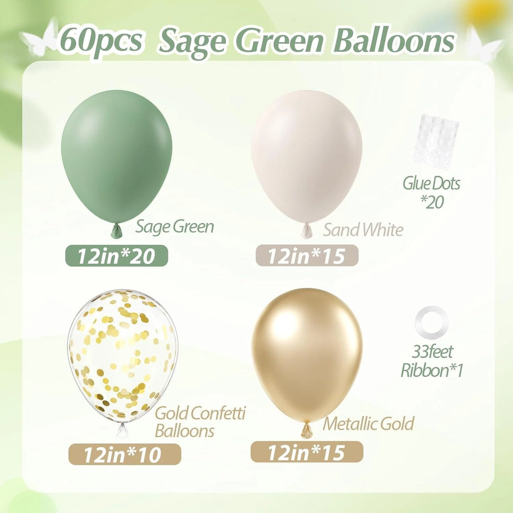 Boho Luftballon-Set 60-teilig – Salbeigrün, Sand, Weiß & Gold | Geburtstag, Hochzeit & mehr