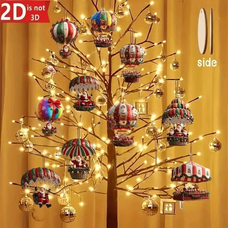 Weihnachts-Holzanhänger Set 10-teilig – Heissluftballon & Weihnachtsmann Baumschmuck