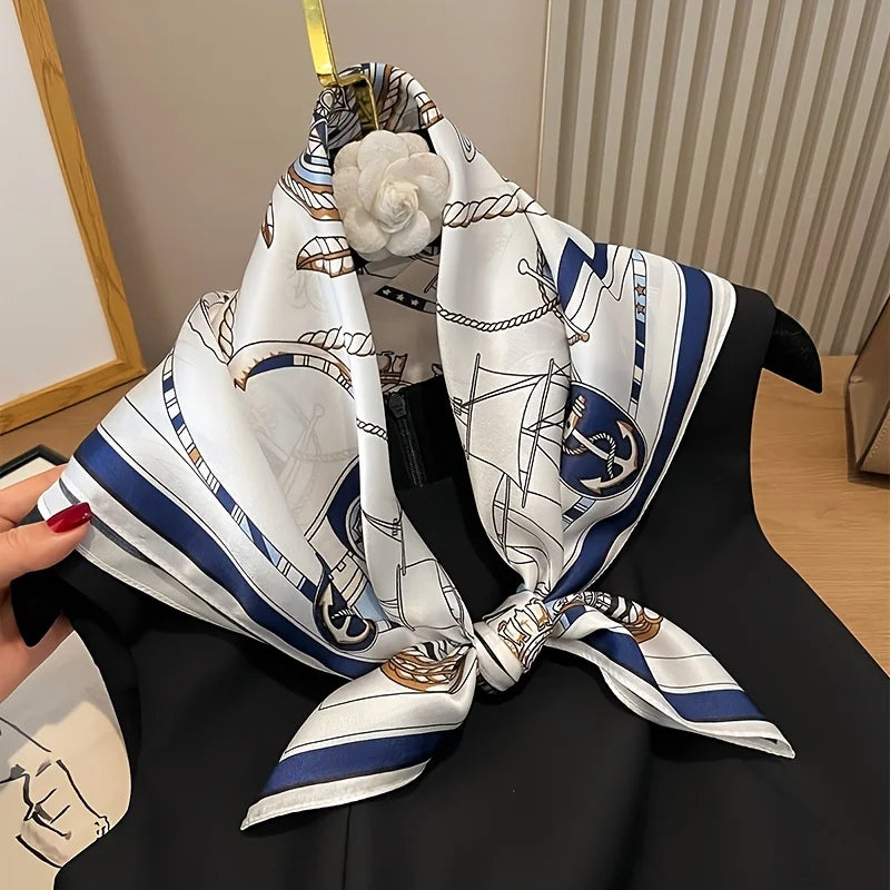 Nautischer Damen-Schal mit Meeresdruck – 90x90 cm Tuch aus Polyester-Satin