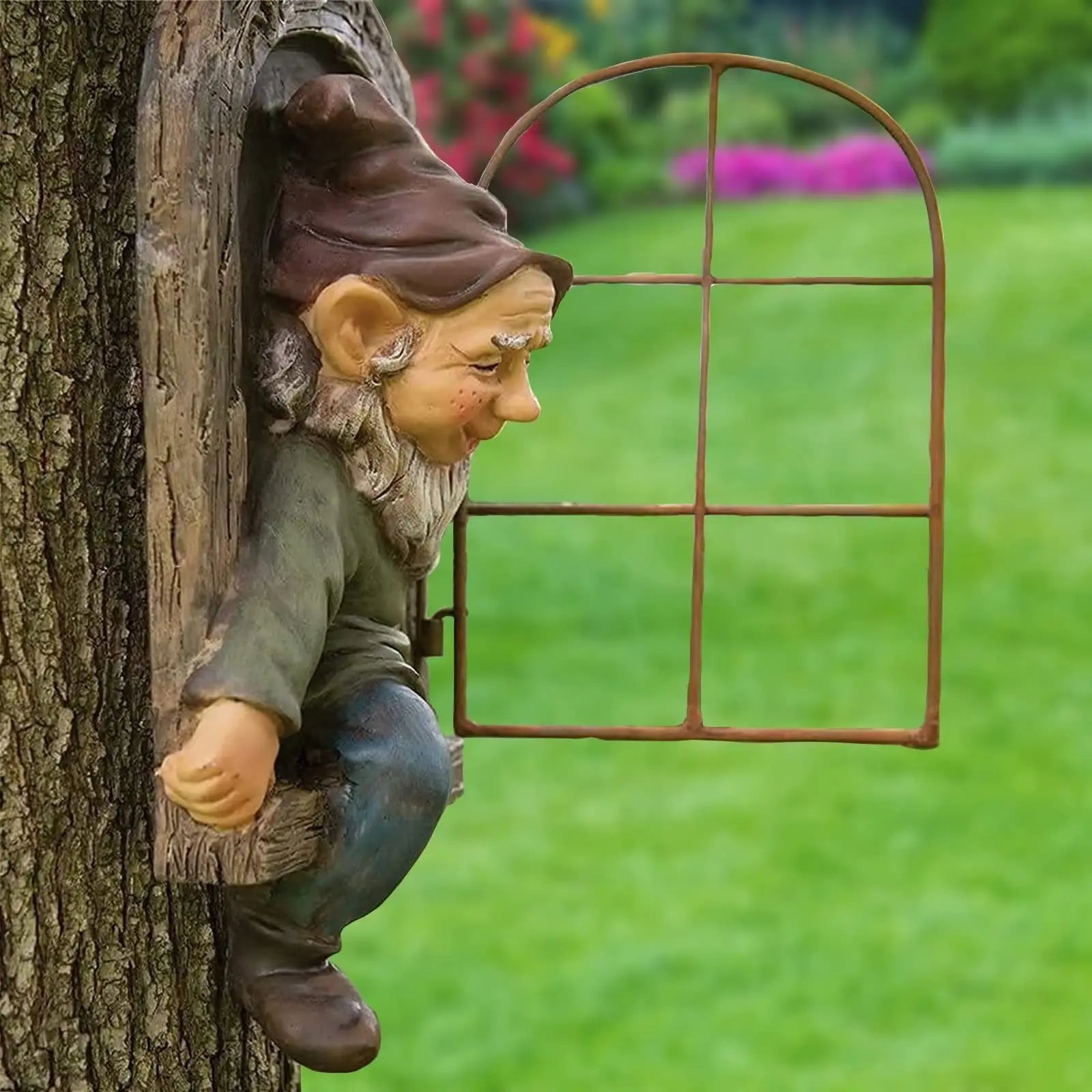 Frecher Garten-Gnom – Elf aus der Tür | Lustige Resin-Figur für Garten & Baum