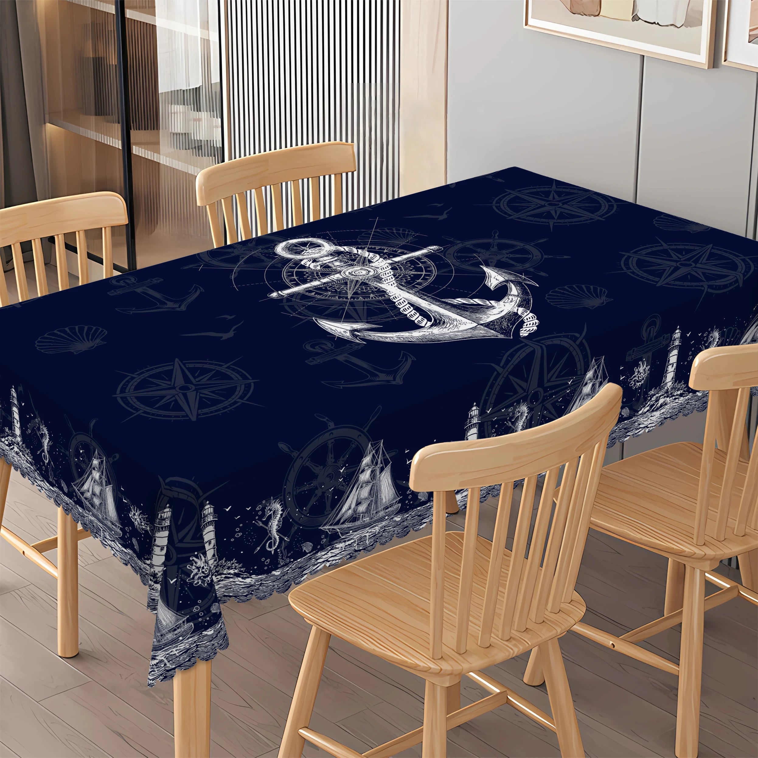 Maritime Tischdecke Marineblau – Anker, Leuchtturm & Kompass, wasserabweisend, 5 Größen