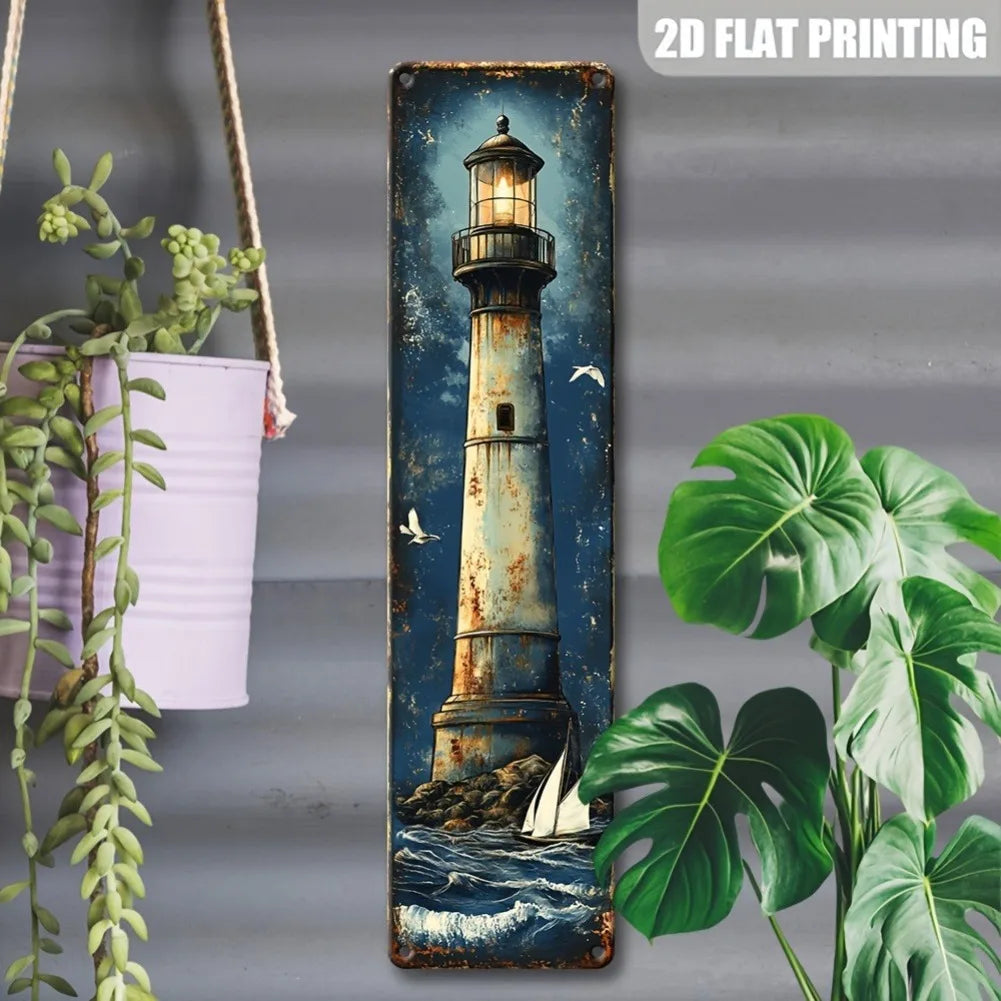 1 Stück 15,75 x 3,94 Zoll 2D flaches Retro-Leuchtturm-Logo aus Eisen – Rustikale Wanddekoration „Sternennacht“, strapazierfähige Außendekoration für Ihr Zuhause