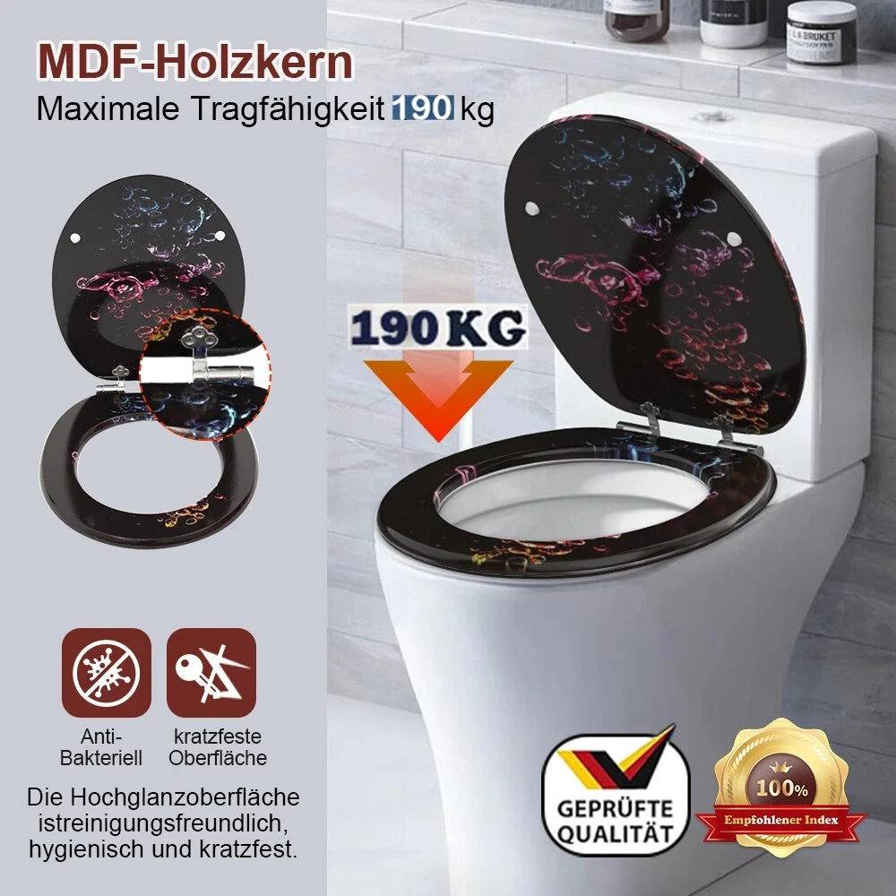 WC-Sitz mit Soft-Close-Funktion – MDF Holz, Zinklegierungs-Scharniere, 190 kg Tragkraft
