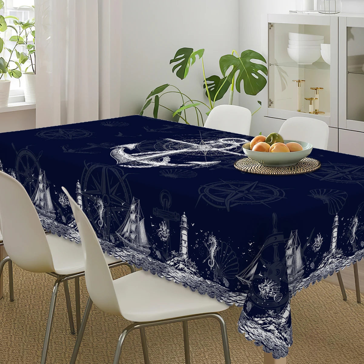 Maritime Tischdecke Marineblau – Anker, Leuchtturm & Kompass, wasserabweisend, 5 Größen