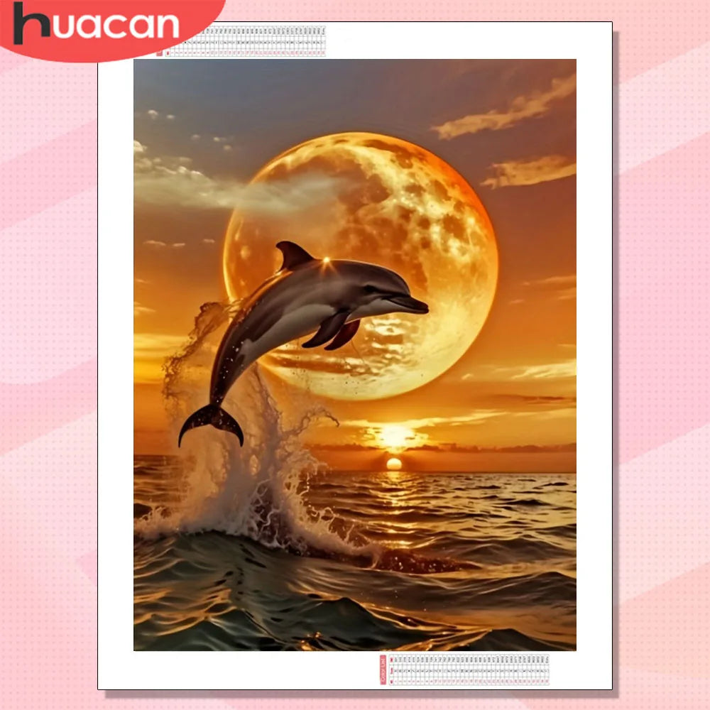 HUACAN Diamond Painting – Delfin am Meer | DIY Mosaik Set mit Rundsteinen oder Vierecksteinen