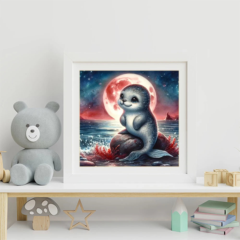 Diamond Painting Robbe – Tier-Motiv mit Mond und Meer, Voll-Bohrbild