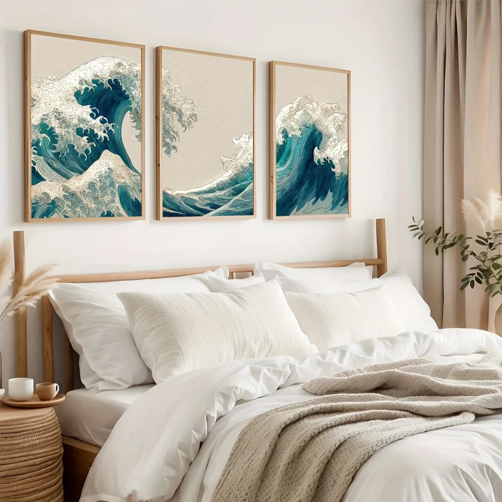 Dreiteiliges Leinwandbild – Japanische Welle, Abstrakte Meereslandschaft, Ohne Rahmen