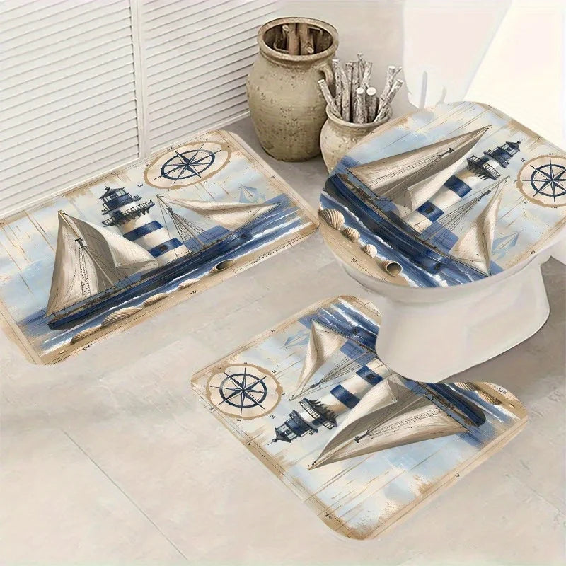 Maritimes Badezimmer-Set 3-teilig – Badematte, U-Matte & WC-Deckelbezug