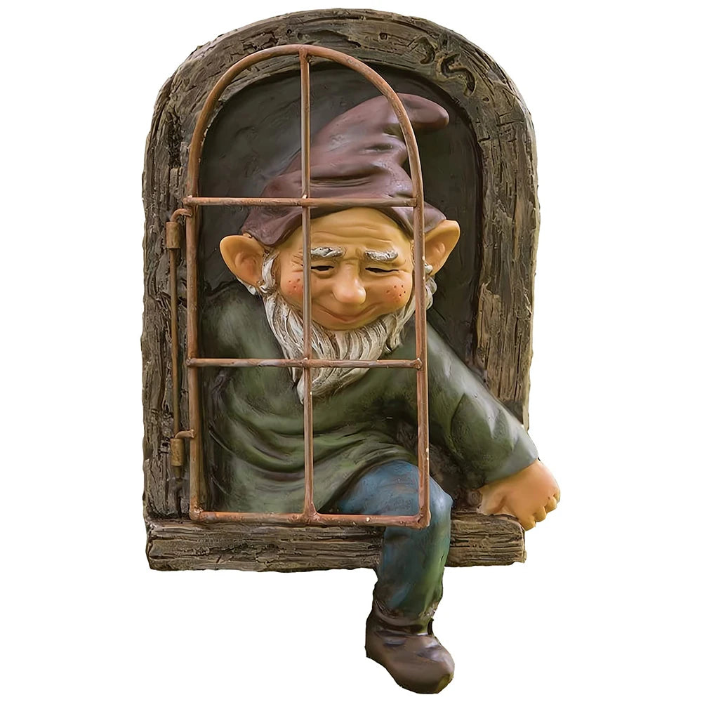 Frecher Garten-Gnom – Elf aus der Tür | Lustige Resin-Figur für Garten & Baum