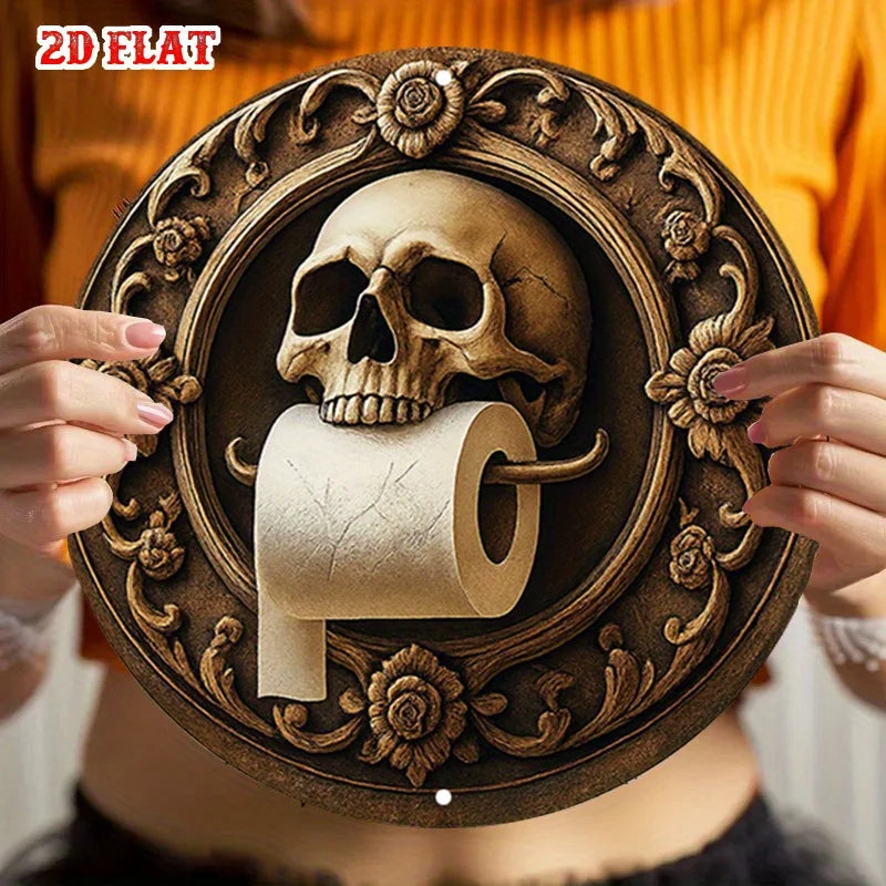 Vintage Aluminium-Wandschild Totenkopf & Blumen – 20x20 cm, Gothic, Innen & Außen