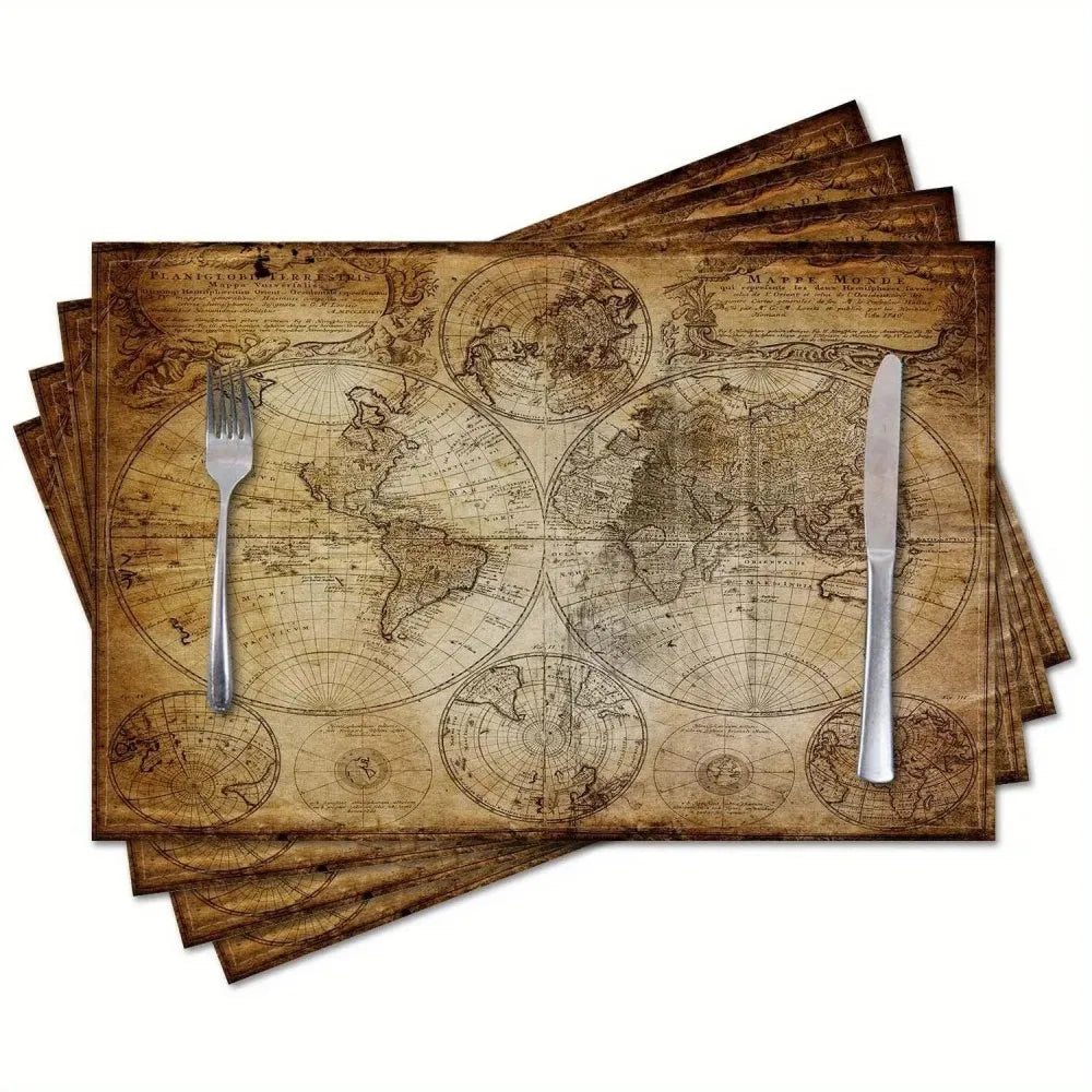Tischset Nautik Weltkarte 4er-Set – Hitzebeständige Platzmatten im Vintage-Stil