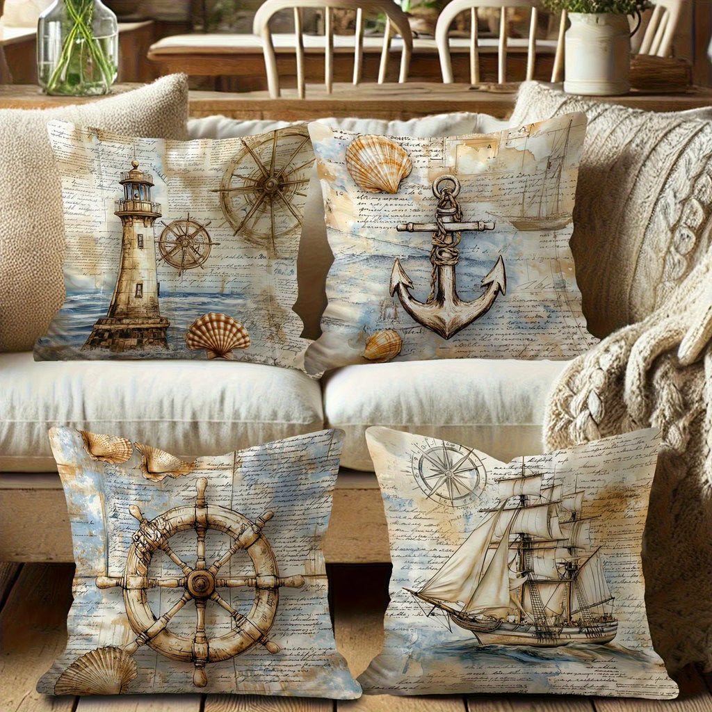 Maritime Kissenbezüge 4er-Set – Nautisches Motiv, Küstendekor