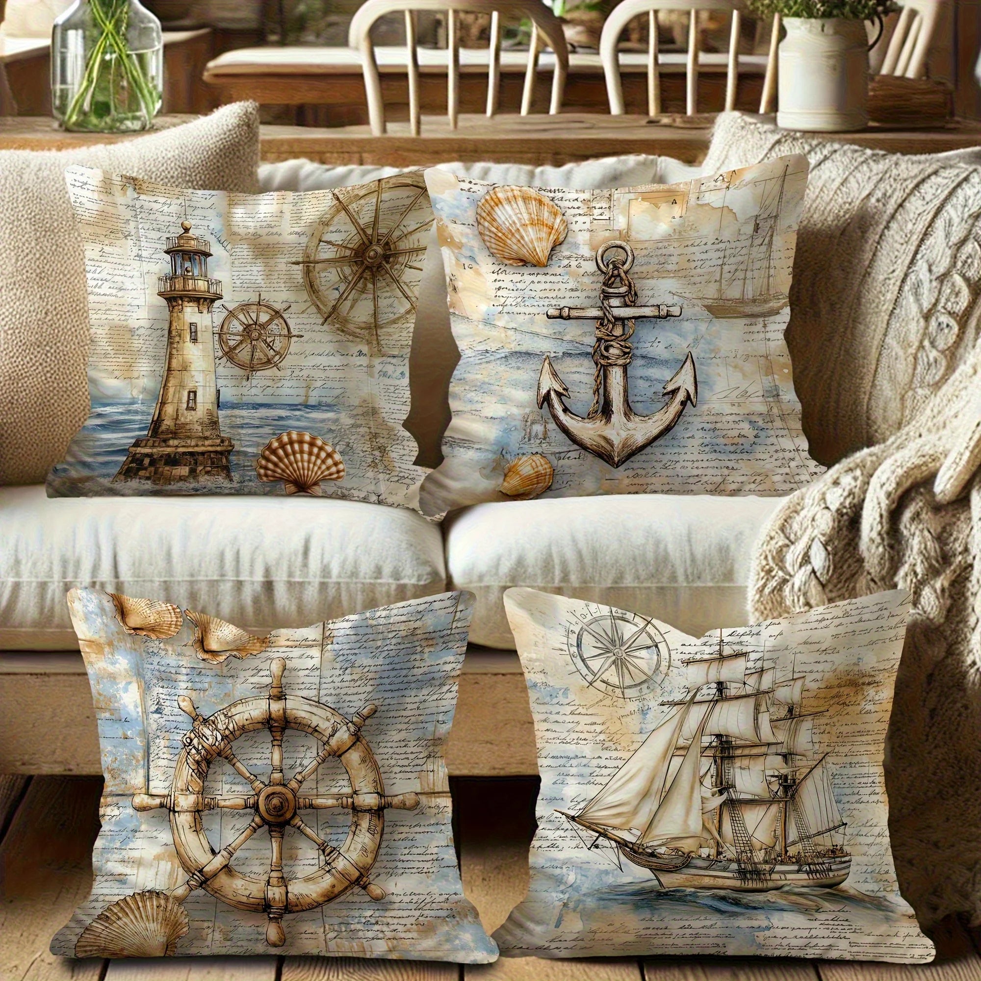 Maritime Kissenbezüge 4er-Set – Nautisches Motiv, Küstendekor