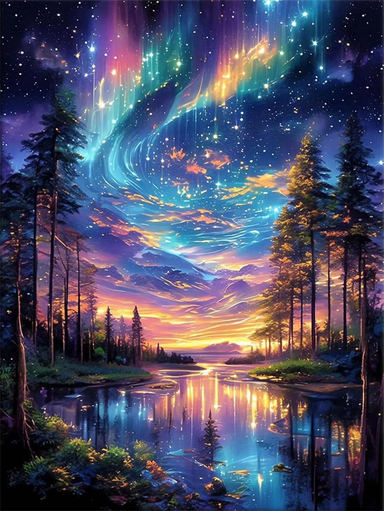 Diamond Painting Flusslandschaft mit Baum – 5D Diamant Stickerei Set
