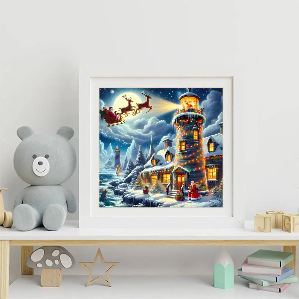 Diamond Painting Leuchtturm – 5D DIY Diamant-Malerei Winterlandschaft mit runden & eckigen Steinen