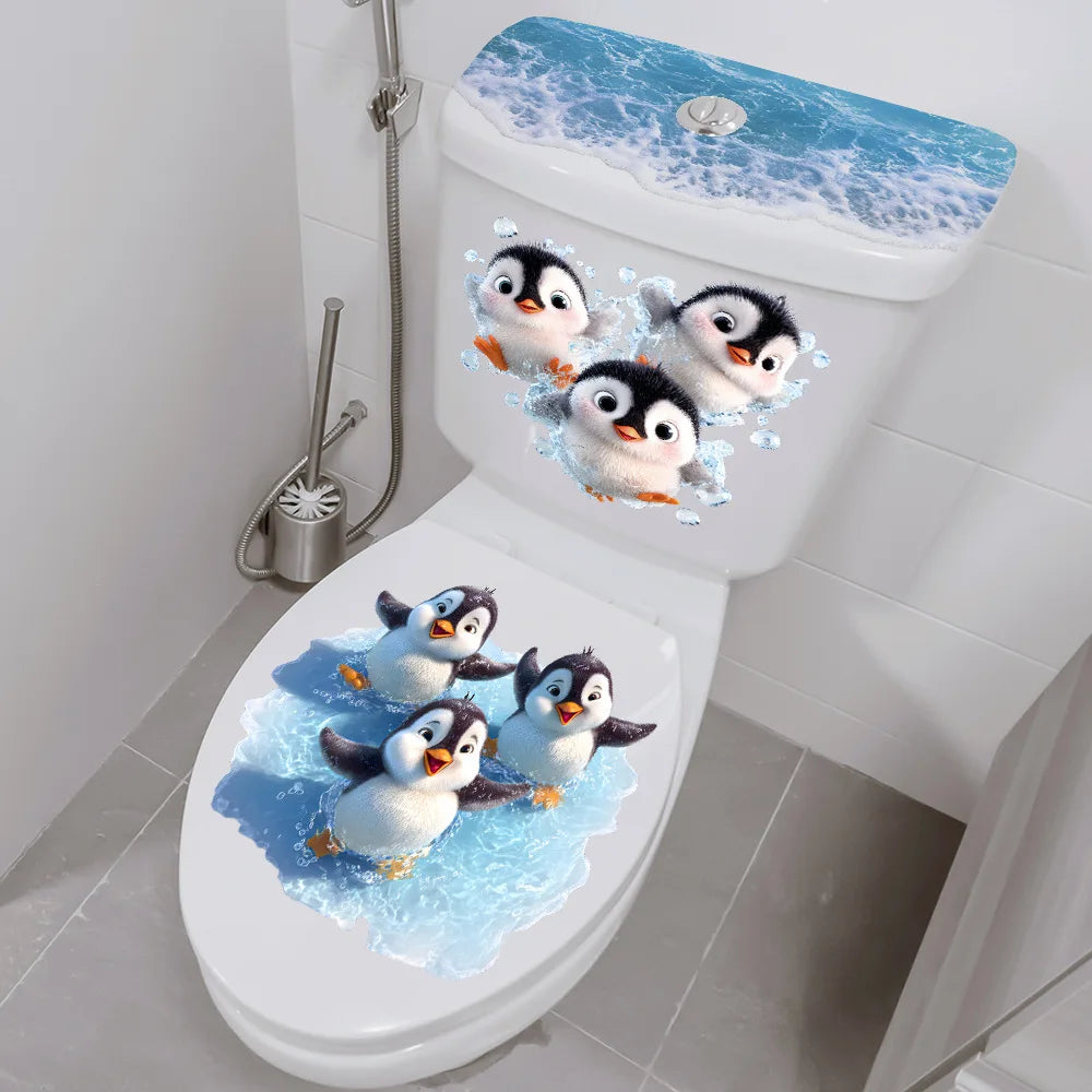 Cartoon-Pinguin WC-Aufkleber – Wasserfeste Badezimmer-Sticker im Ozeanwellen-Design