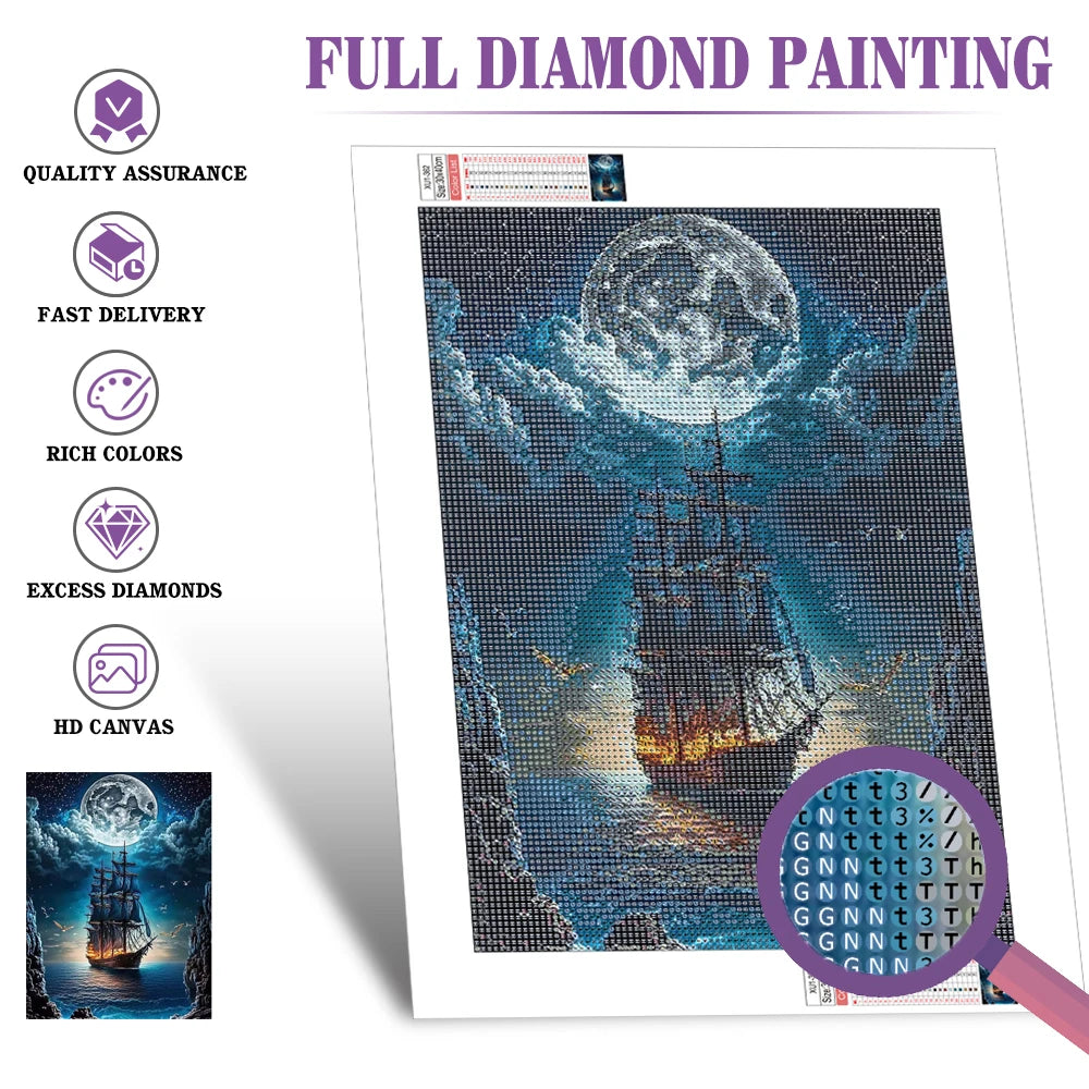 Diamond Painting Set – Landschaft & Mond im Japan-Stil mit vollem Diamant-Mosaik