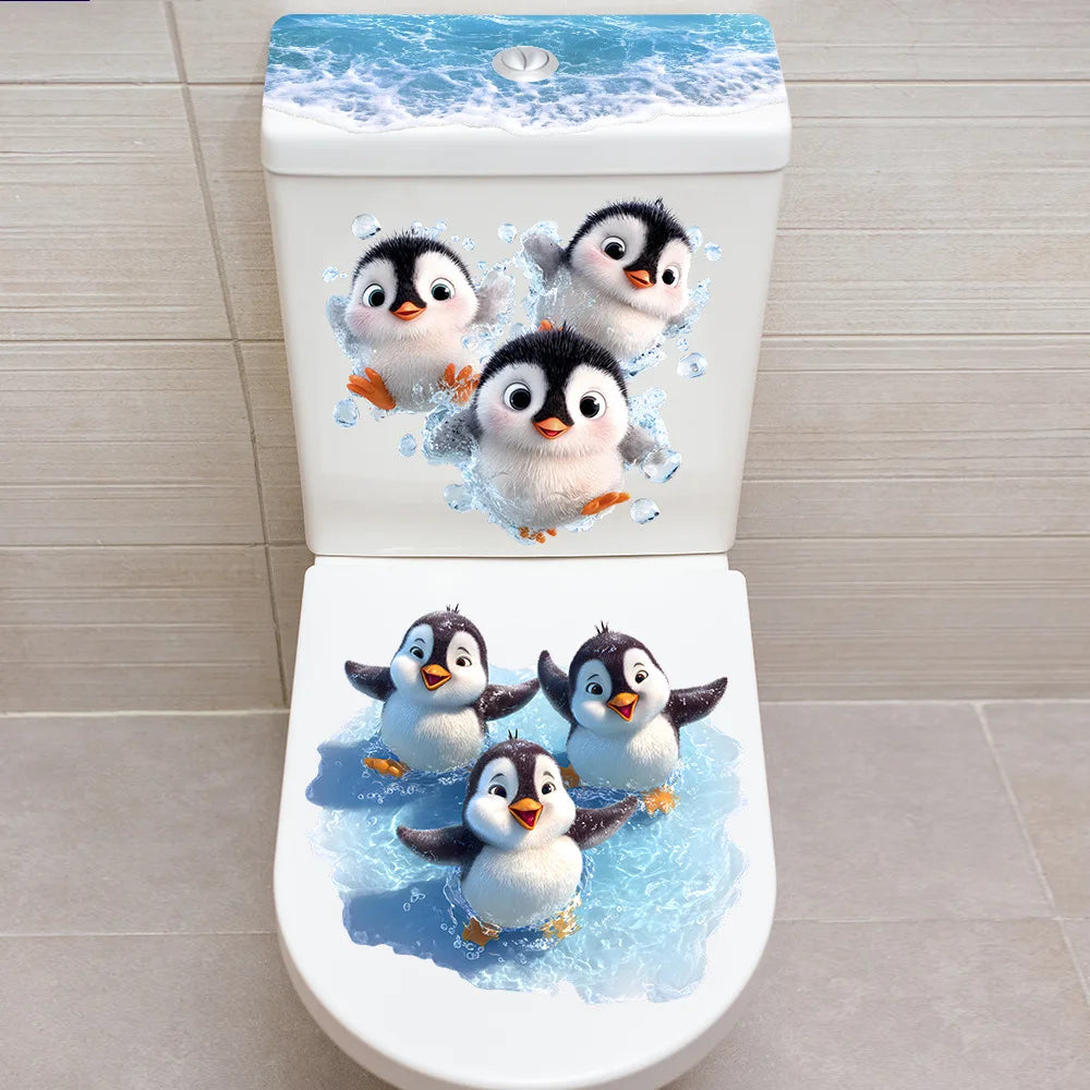 Cartoon-Pinguin WC-Aufkleber – Wasserfeste Badezimmer-Sticker im Ozeanwellen-Design
