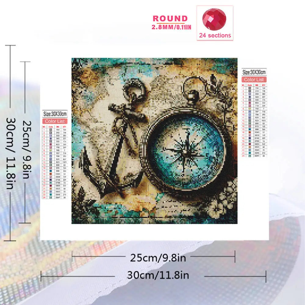 Diamond Painting Kompass – 5D Diamant Mosaikbild mit Rund- und Viereckbohrer