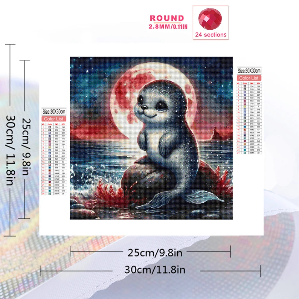 Diamond Painting Robbe – Tier-Motiv mit Mond und Meer, Voll-Bohrbild