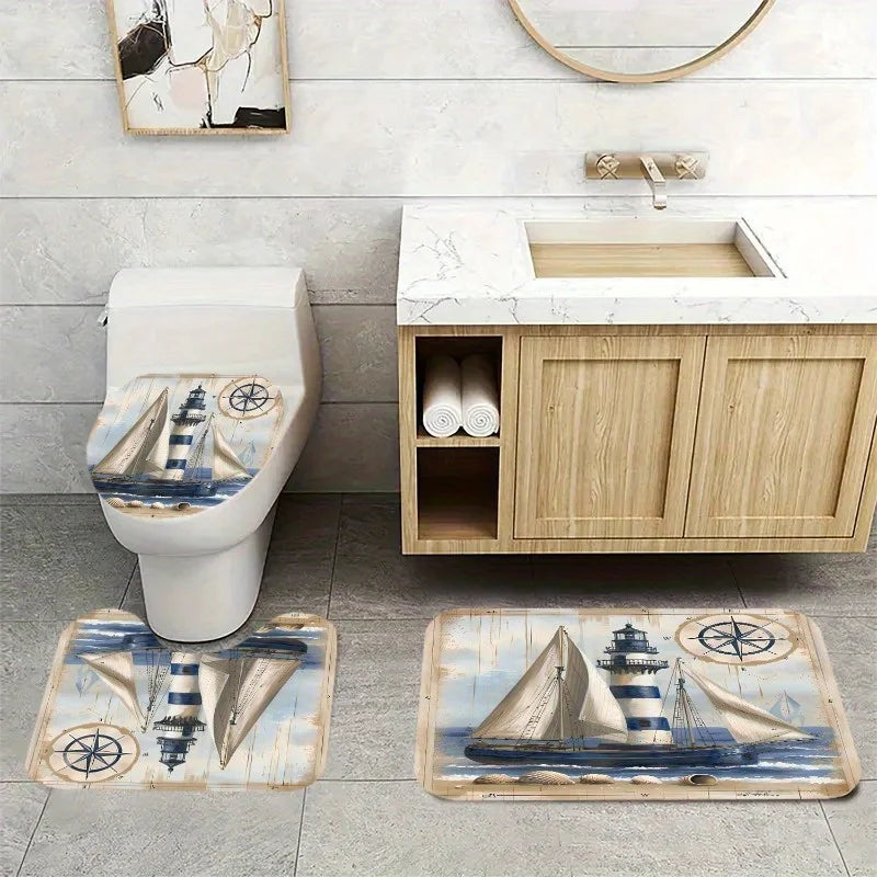Maritimes Badezimmer-Set 3-teilig – Badematte, U-Matte & WC-Deckelbezug