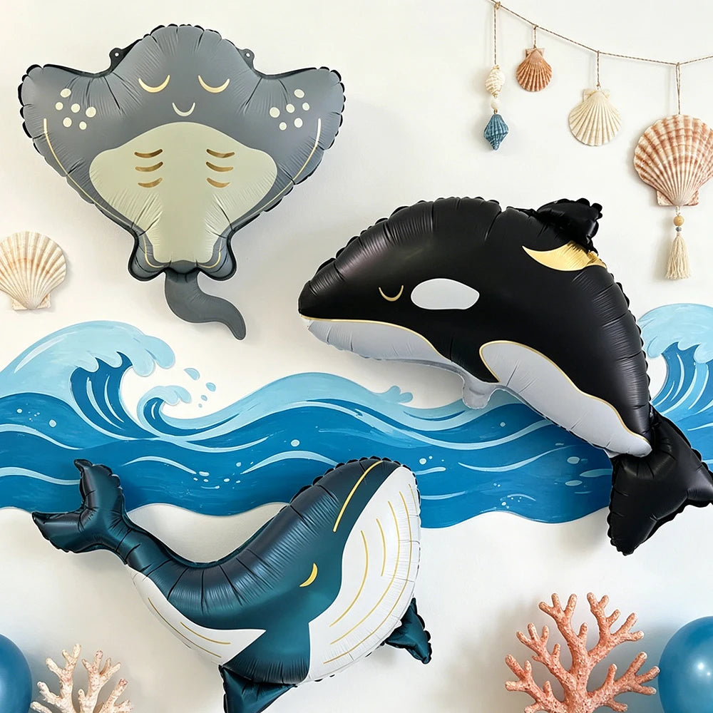 Meerestier-Folienballons 3er-Set – Orca, Blauwal und Teufelsrochen