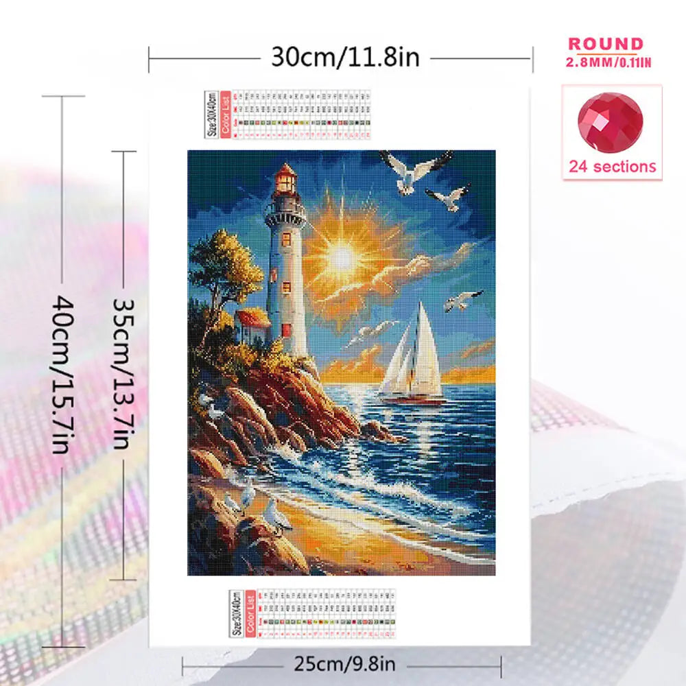 Diamond Painting Set – Leuchtturm & Küstenlandschaft | DIY Diamant-Malerei mit runden oder eckigen Steinen