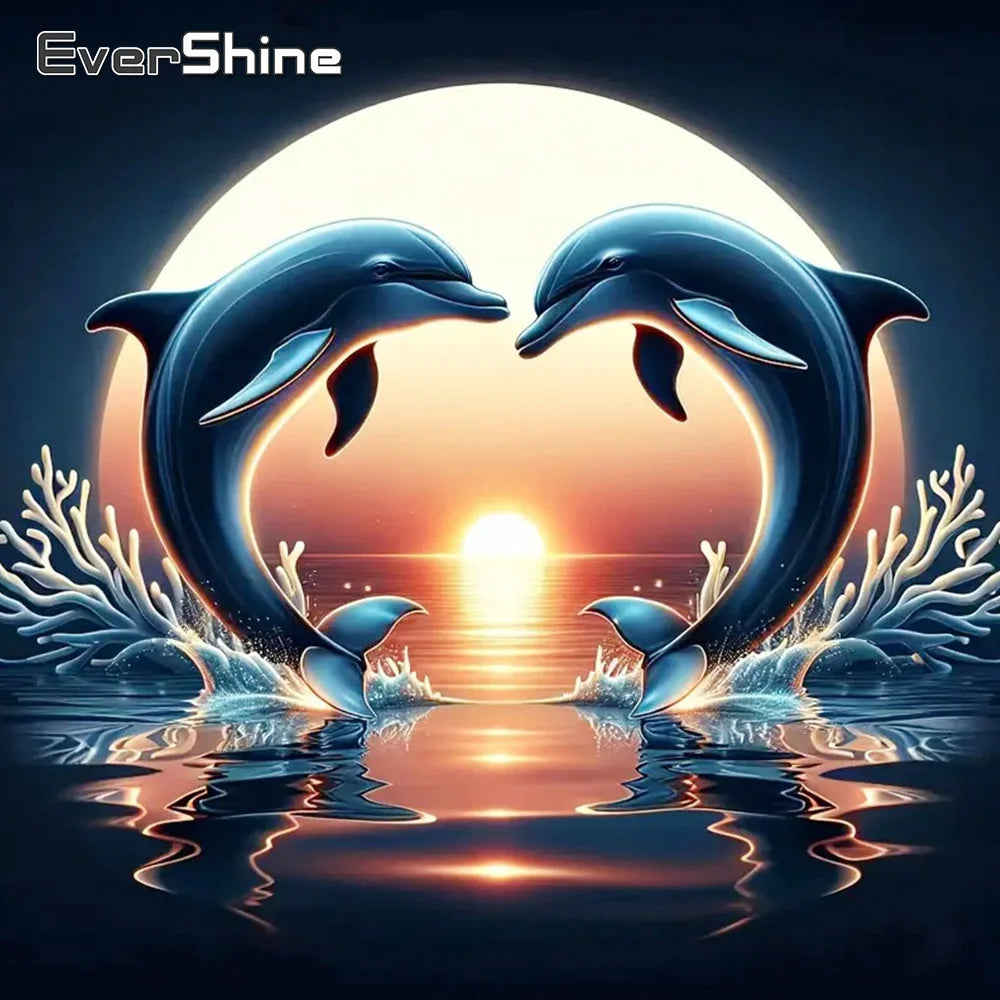 Diamond Painting Delfin Sonnenuntergang – 5D Diamant Mosaikbild mit Rund- und Viereckbohrer