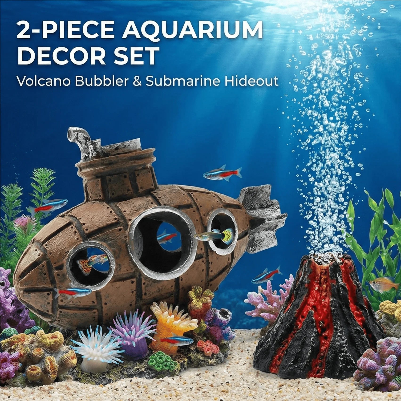 Aquarium Deko – Kunstharz U-Boot & Vulkan mit Luftblasen-Effekt