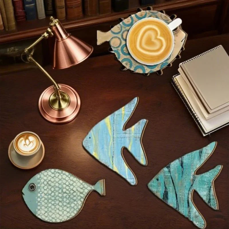 Holzuntersetzer Fisch 6er Set – Maritimer Strandstil, rutschfest & hitzebeständig