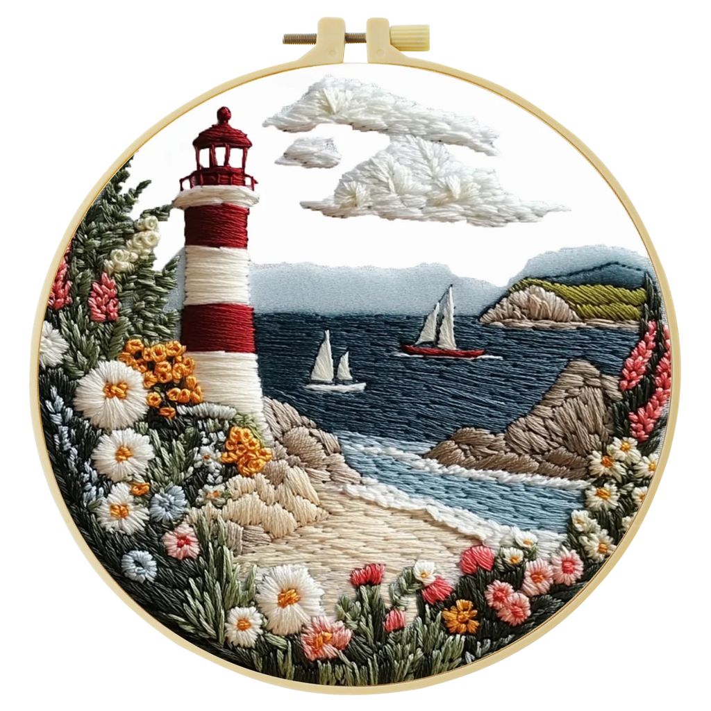 Stickerei-Set Leuchtturm am Meer – DIY Kreuzstich-Kit für Anfänger