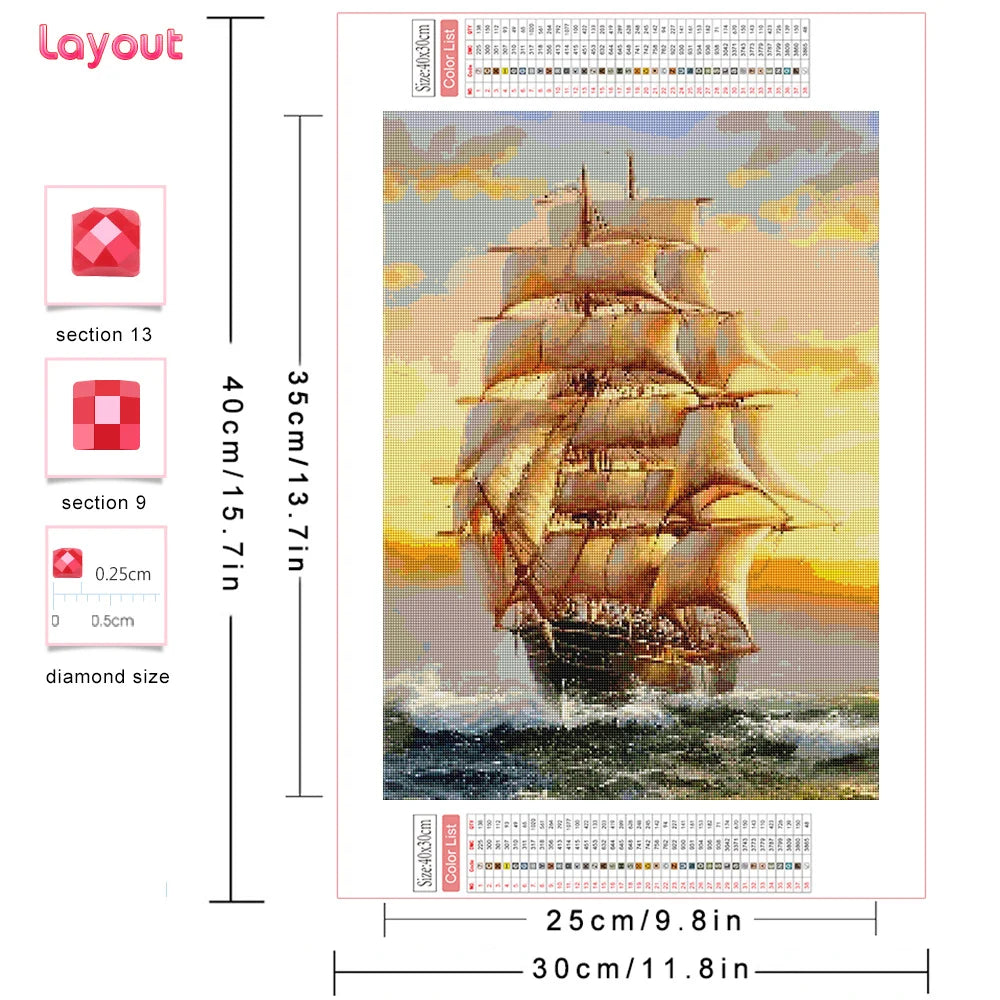 Diamond Painting Set Segelboot – 5D DIY Diamantmalerei Landschaft, verschiedene Groessen