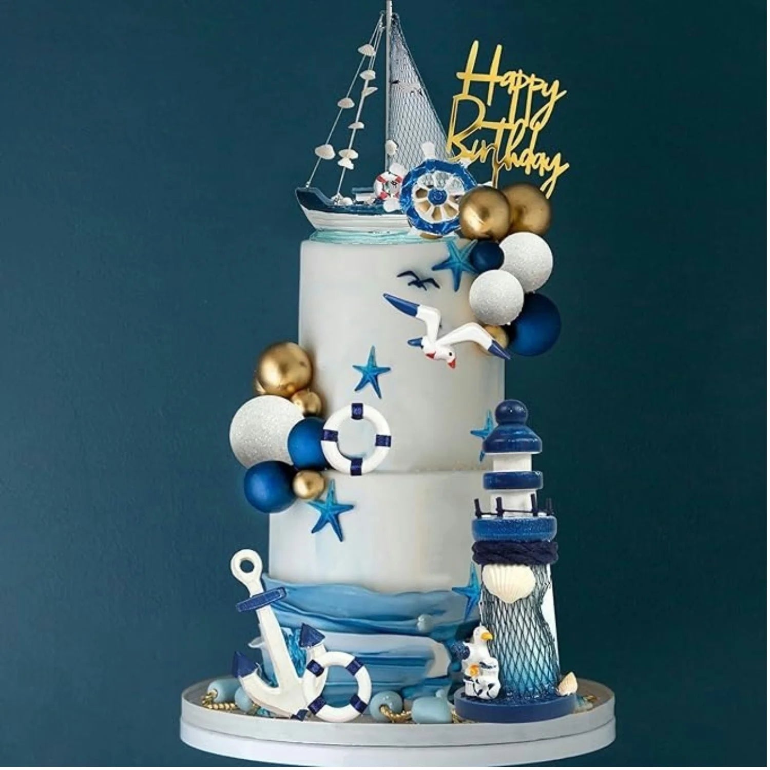 Maritime Kuchentopper 24-teilig – Blau-Weiß, Anker, Schiff, Leuchtturm, Geburtstag