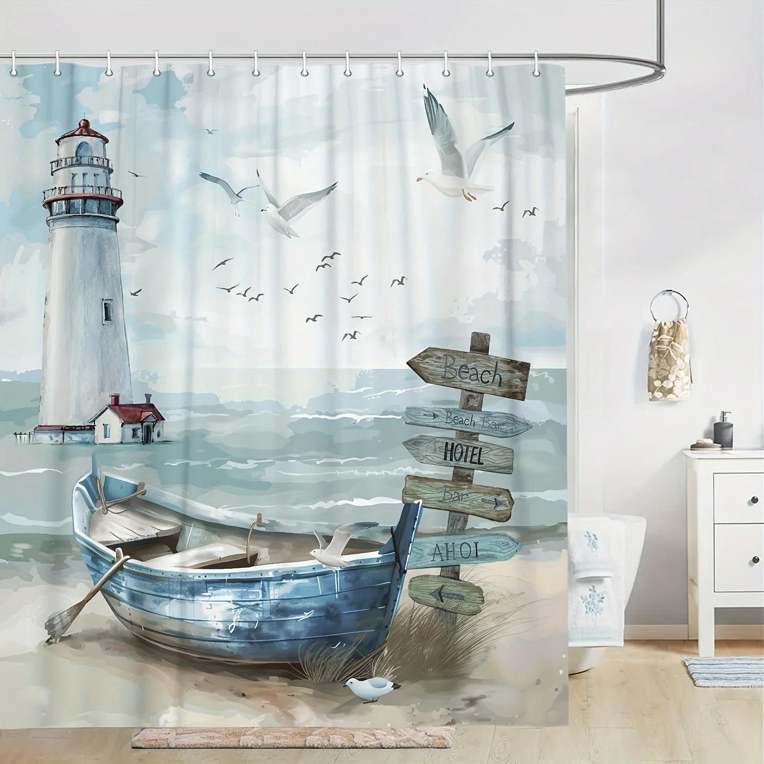 Maritimer Duschvorhang – Leuchtturm & Fischerboot, Blau-Türkis, mit Haken