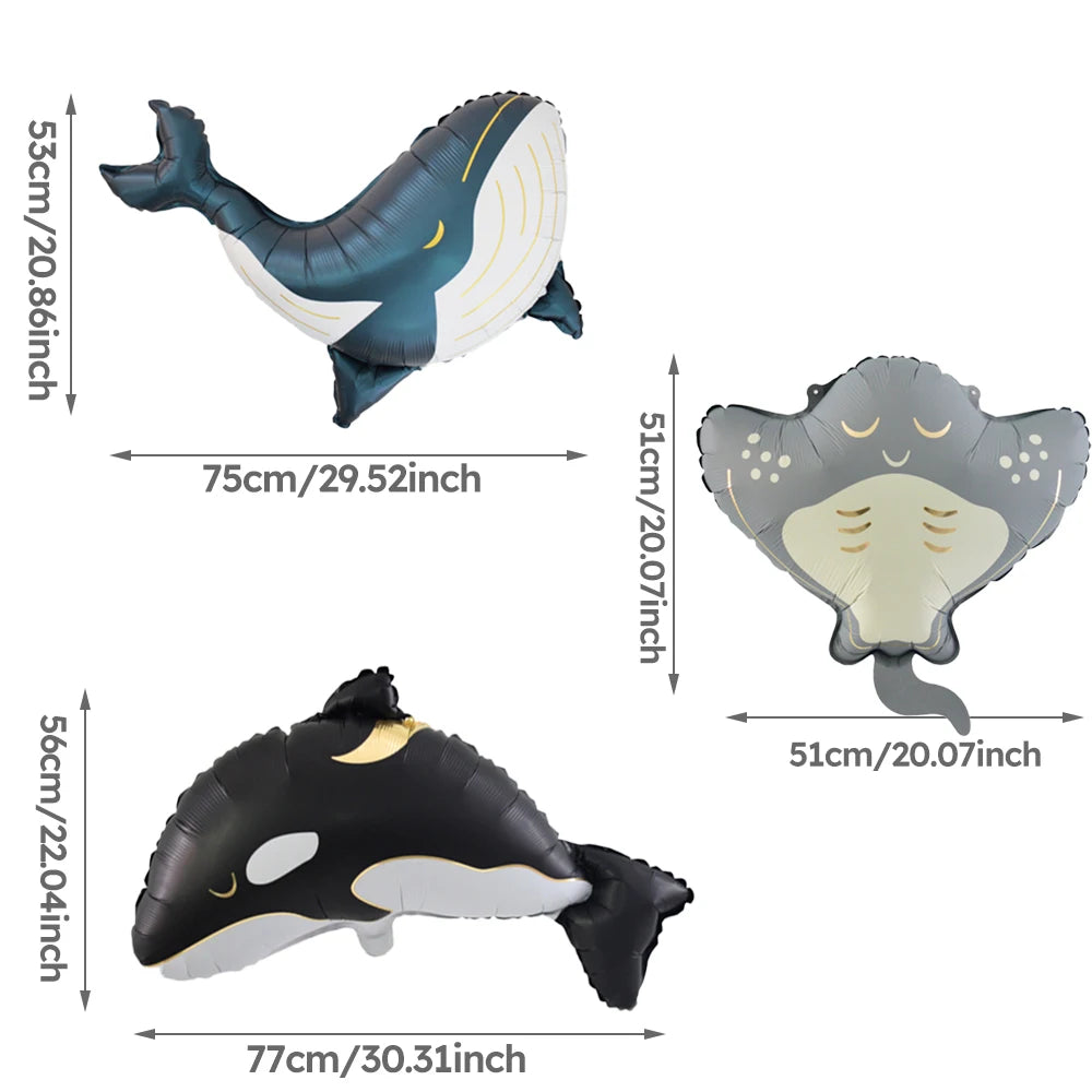 Meerestier-Folienballons 3er-Set – Orca, Blauwal und Teufelsrochen