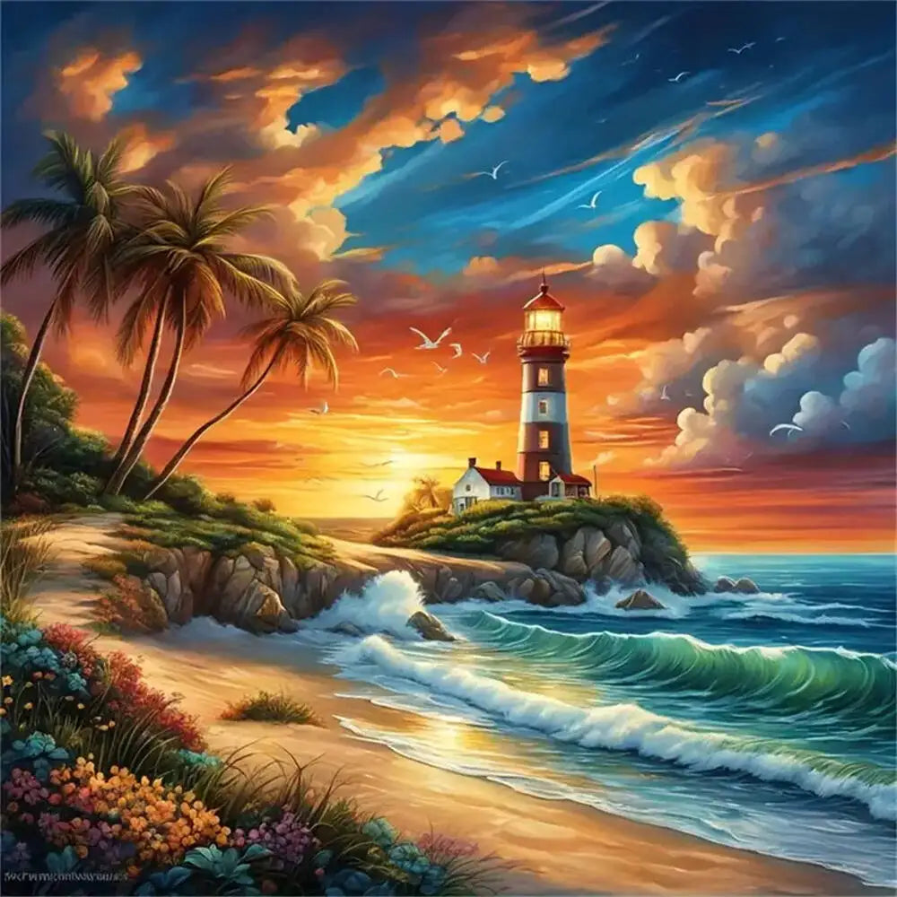 Diamond Painting Leuchtturm Sonnenuntergang – DIY Bastelset, Malen nach Zahlen mit Diamanten