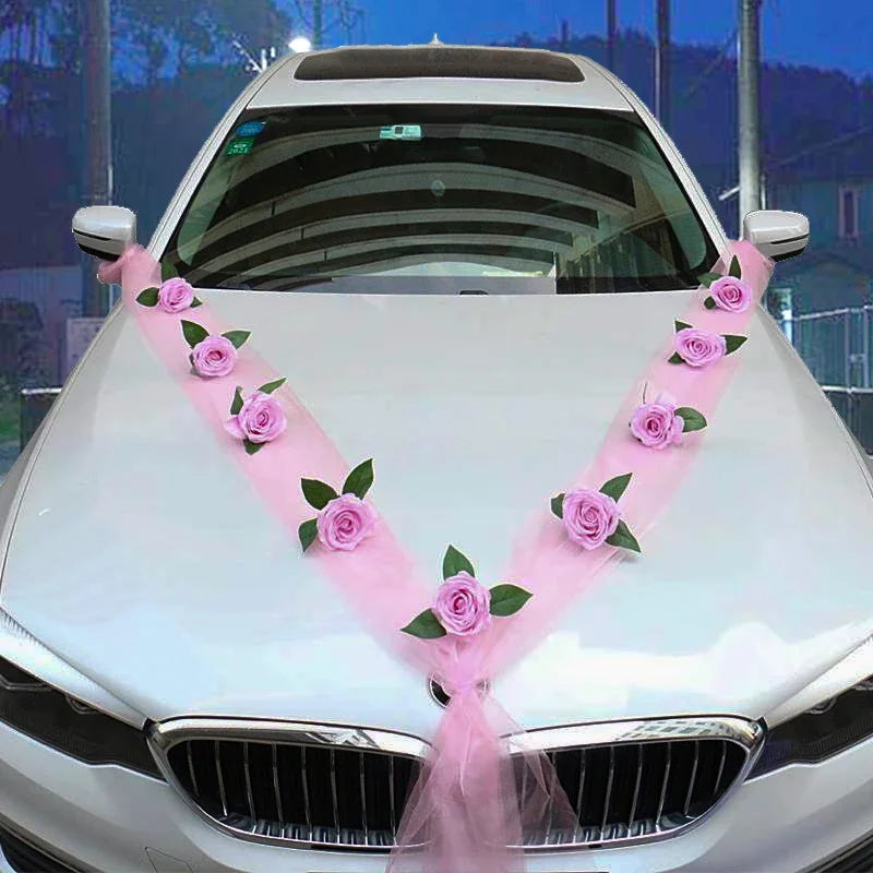 Hochzeitsauto-Dekoration Frontblumen – Vliesstoff, Weiß oder Pink, Brautauto Deko