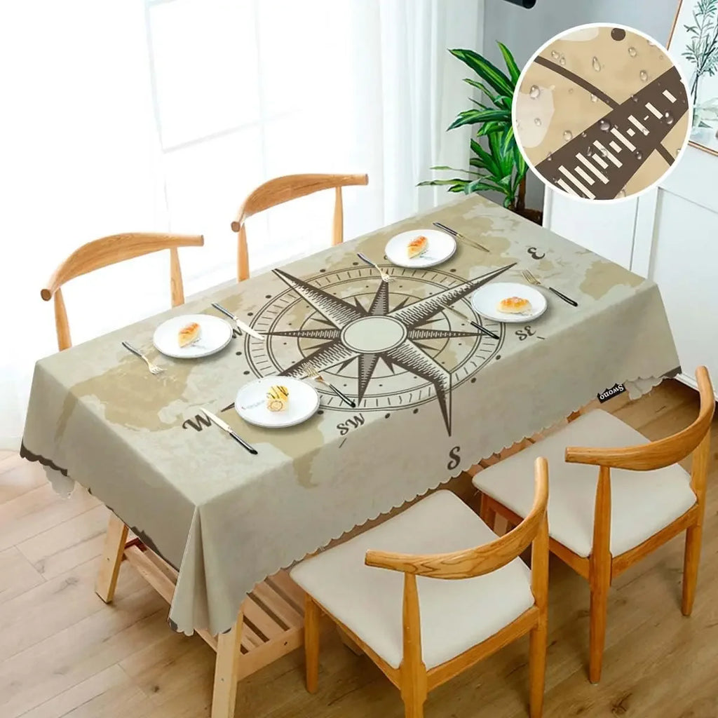 Maritime Tischdecke mit Kompass & Weltkarte – wasserabweisend, waschbar, 9 Größen